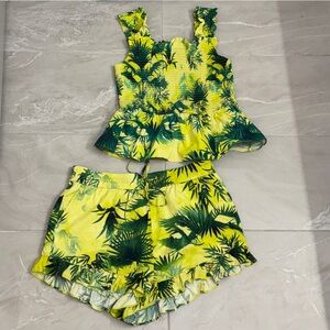 INC Yellow Green Peplum Top & Shorts Set Ruffle Summer Outfit